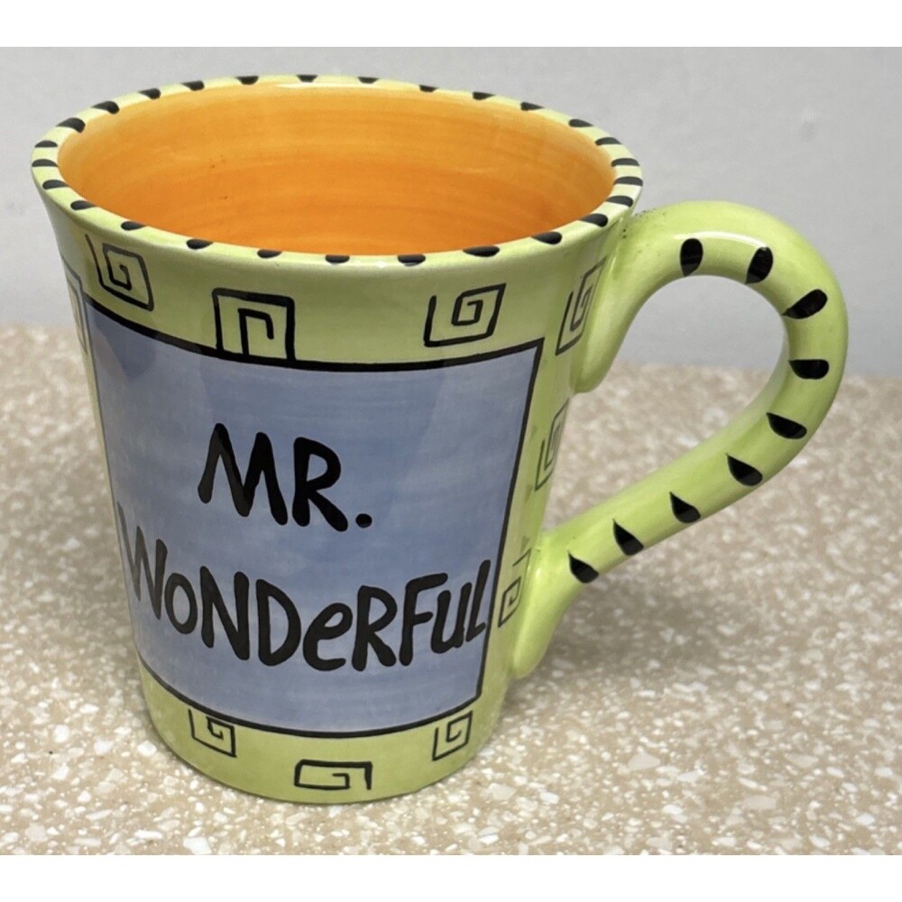Our Name is Mud Mr. Wonderful 16 oz Ceramic Coffee Mug Green Blue Orange Black